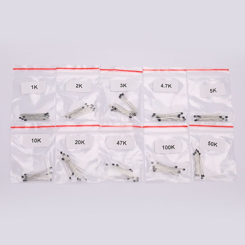 100pcs=10value*10pcs NTC Thermistor Resistor Kit 1K 2K 3K 4.7K 5K 10K 20K 47K 50K