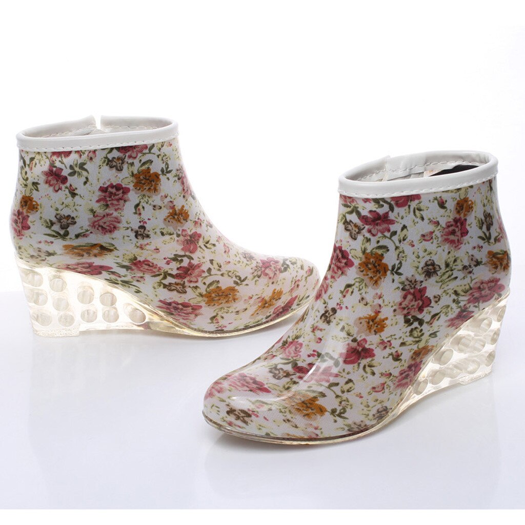 rain boots women Flower Print Wedges Short Tube Rain Boots Waterproof Water Shoes botas para lluvia mujer #XB35