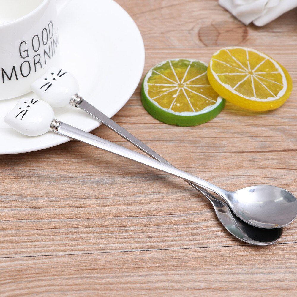 1 Pc Ceramic and Stainless Steel Small Spoons Cartoon Kitty Coffee Tea Stirring Spoon (Black Kitty): White 1