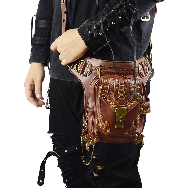 Retro Steampunk Lederen Heuptas Serpentine Crossbody Bag Rock Mannen Vrouwen Gothic Black Fanny Packs Mode Motorfiets Been Zakken