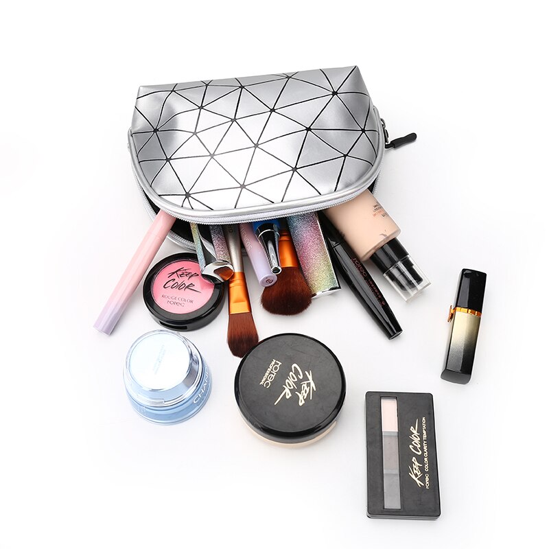 7 tums bärbar kosmetisk väska för kvinnor, multifunktionell förvaringsväska, reseväska, glänsande triangelmönster