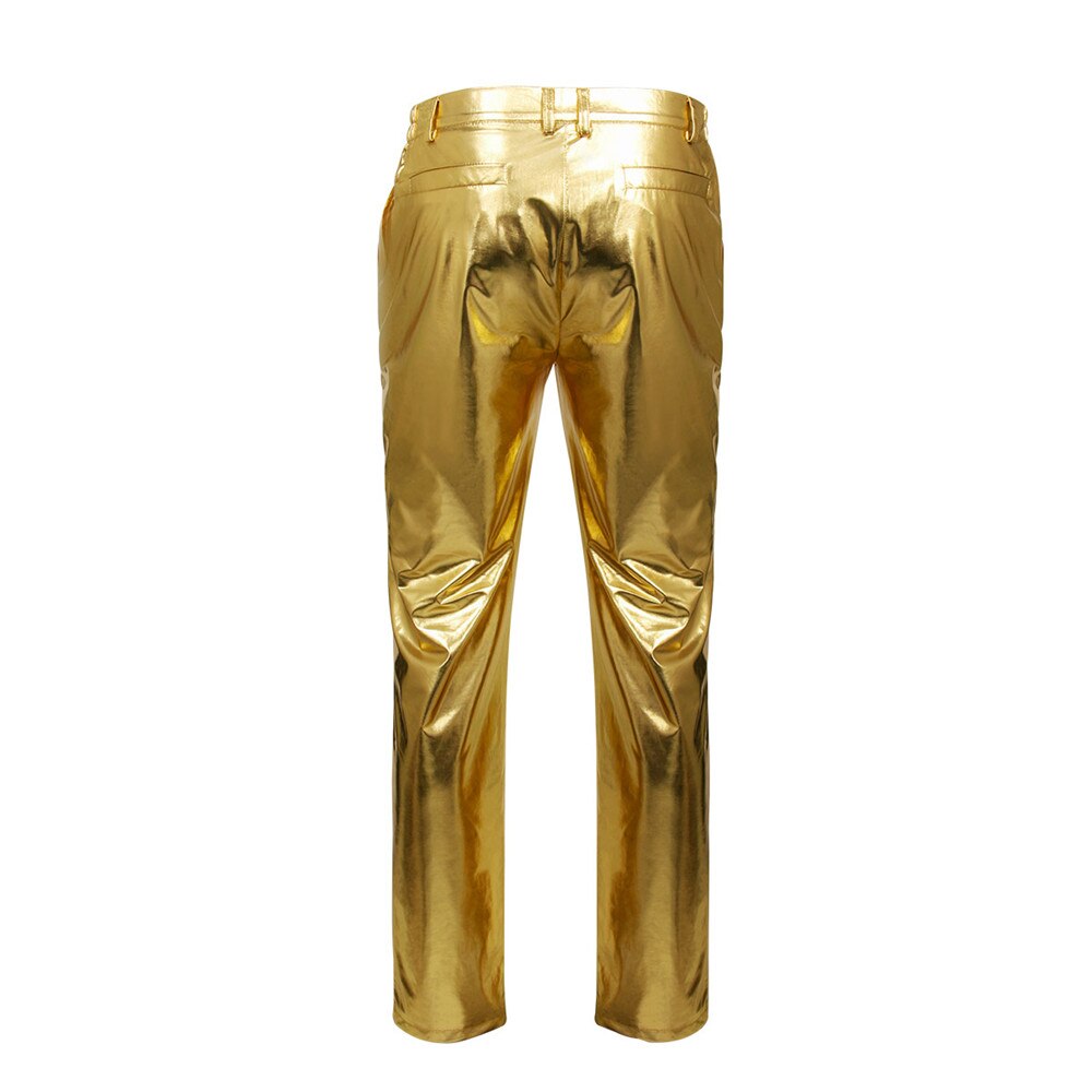 Pantalones de pierna recta para hombre, pantalón metálico dorado, informal, ceñido, para motocicleta, brillante, para discoteca, escenario, pantalones de