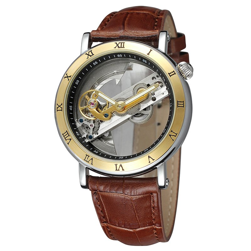 Speciale Transparante Case Skeleton Sport Mannelijke Waterdichte Mechanische Horloges Heren Lederen Automatische Tourbillon Horloges: gold brown