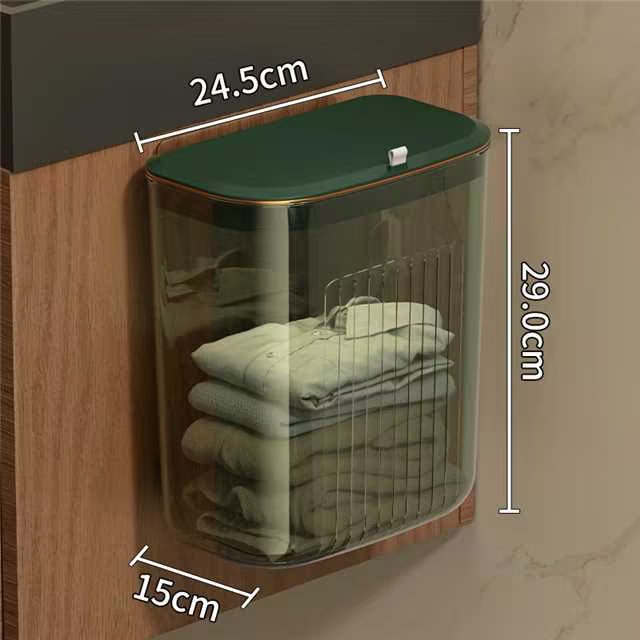 Luxe aan de muur gemonteerde wasmand, zonder boren, hangende mand voor vuile kleren met deksel voor badkamer/slaapkamer, transparante opbergbak: Rood