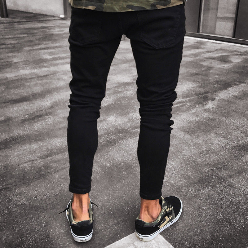 Mens Kühlen Schwarze Jeans Dünne Zerrissene Zerstört strecken schlank passen hüpfen hüpfen Hosen Mit Löchern Für Männer