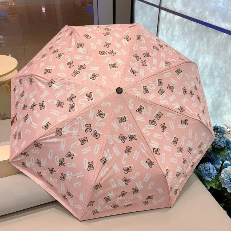 Björnhuvud damparaply med tecknad tryck svart gummi solskyddsmedel och uv-skydd helautomatiskt: Rosa