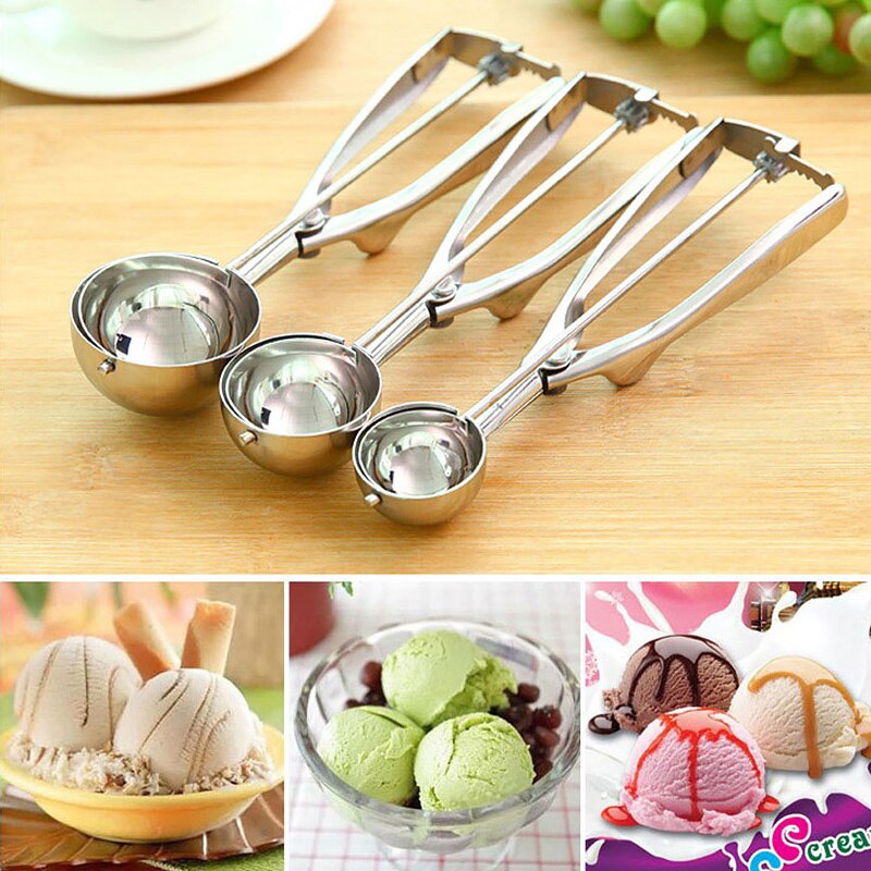Ice Cream Scoop Stainless Steel Mash Potato Scoop Ice Ball Yogurt Watermelon Non-stick Spoon Kitchen Accessories Tools 3 Size