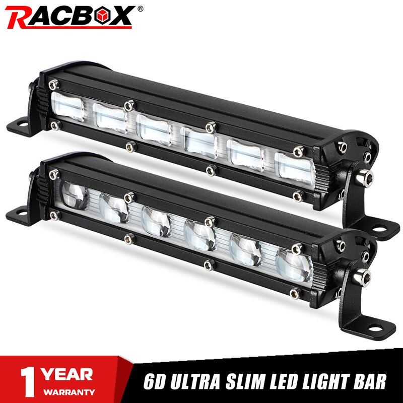 Racbox Ultra Slim 7 Inch Enkele Rij Led Licht Bar Flood Beam 18W 6D Lens 6000K Wit Spotlight voor Atv Suv 4WD 4X4 Off Road 12V