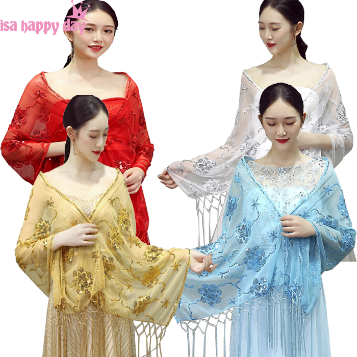Kvinder cheongsam rød guldblå aftenomslag sjal paljetter blonder wrap med lang kvast formel bryllupsfest damer bolero