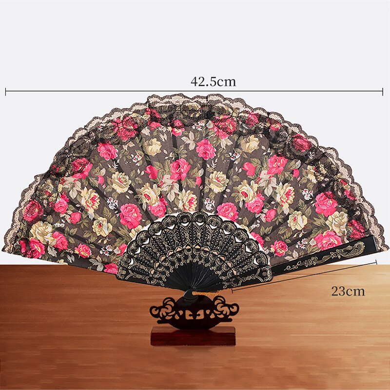 Vintage Flower Pattern Folding Fans Bronzing Wood Silk Plastic Hand Fans With Lace Ribbon Edge Dance Wedding Party Prop