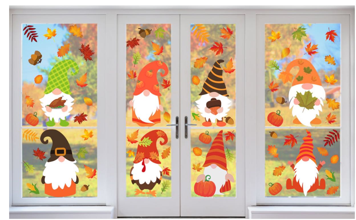 Autumn Sticker Decals Party Decor Ornaments Thanksgiving Window Clings Cute Cartoon Swedish Gnome Pumpkin Fall Leaves Wall Decal