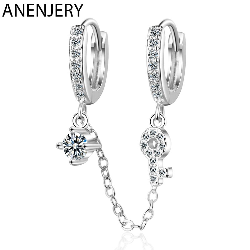 ANENJERY 1PC Punk Style Double Ear Hole Zircon Hoop Earrings Silver Color Key Chain Earring For Women Jewelry S-E992