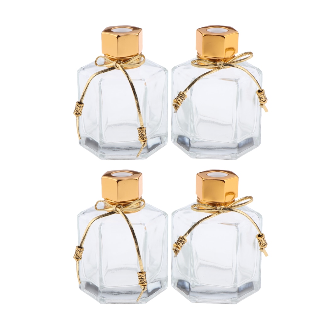 Gold 4Pcs 100ml Aroma Glass Diffuser Bottles Hexagonal Oil Containers Decors