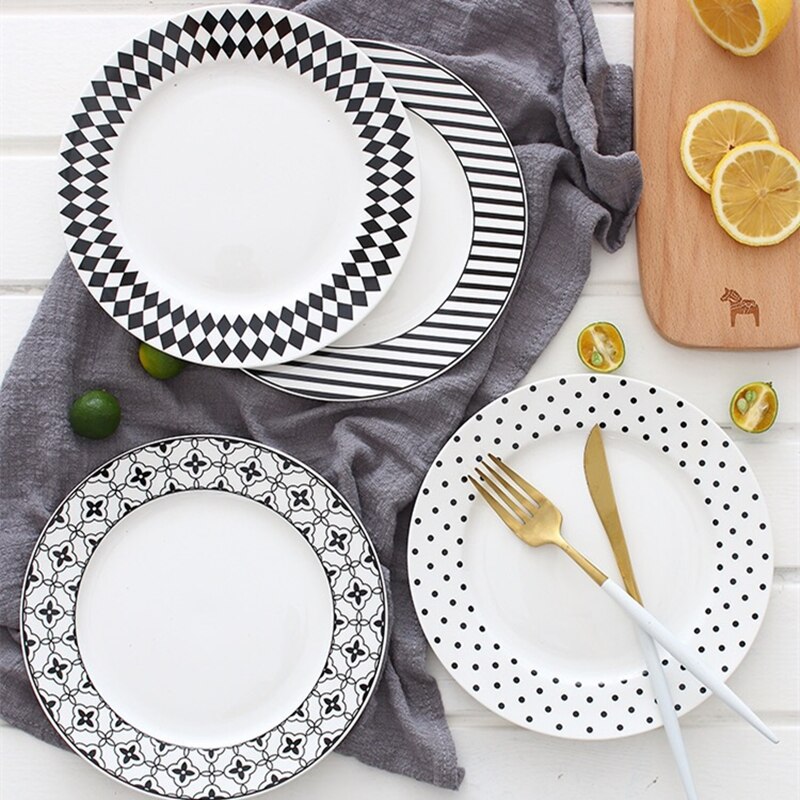 Assiette plate à figures géométriques, style simple, plat à salade, plateau à nourriture en céramique, assiette à pâtes, vaisselle, plat à petit-déjeuner, noir et blanc