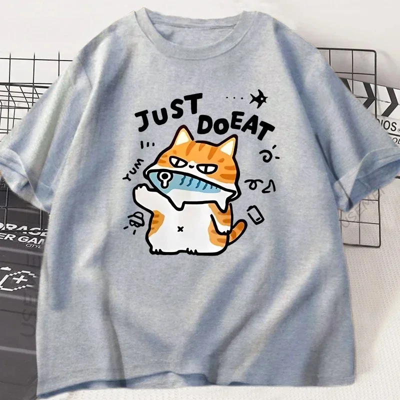 Engraçado gato comer peixe camiseta para mulheres verão topos camisetas o pescoço roupas femininas streetwear manga curta t camisa