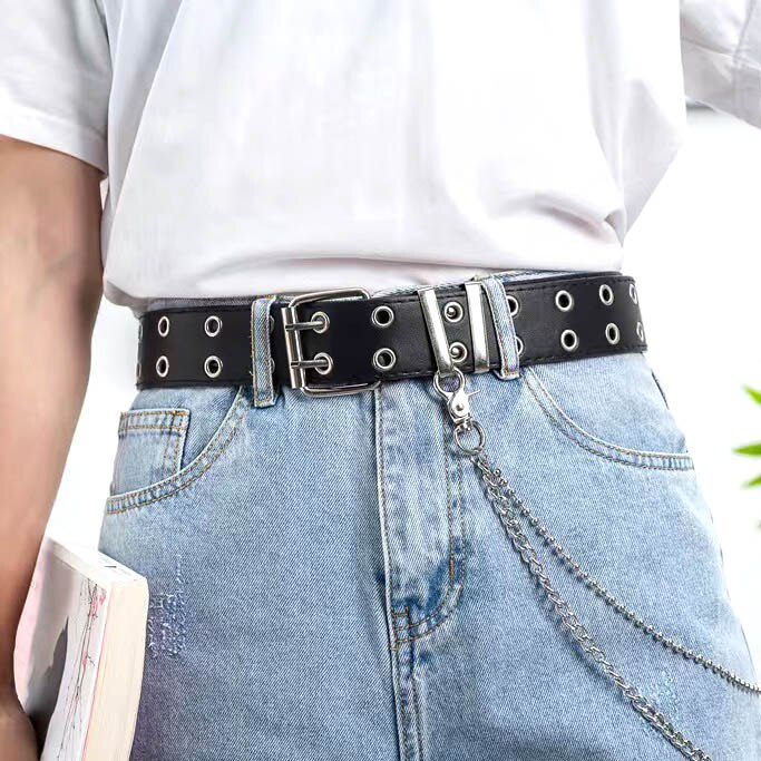 Punk stil kæde talje bælte til jeans kjole pu læder kvindelige damer rock stil luksus mærke rem bælter
