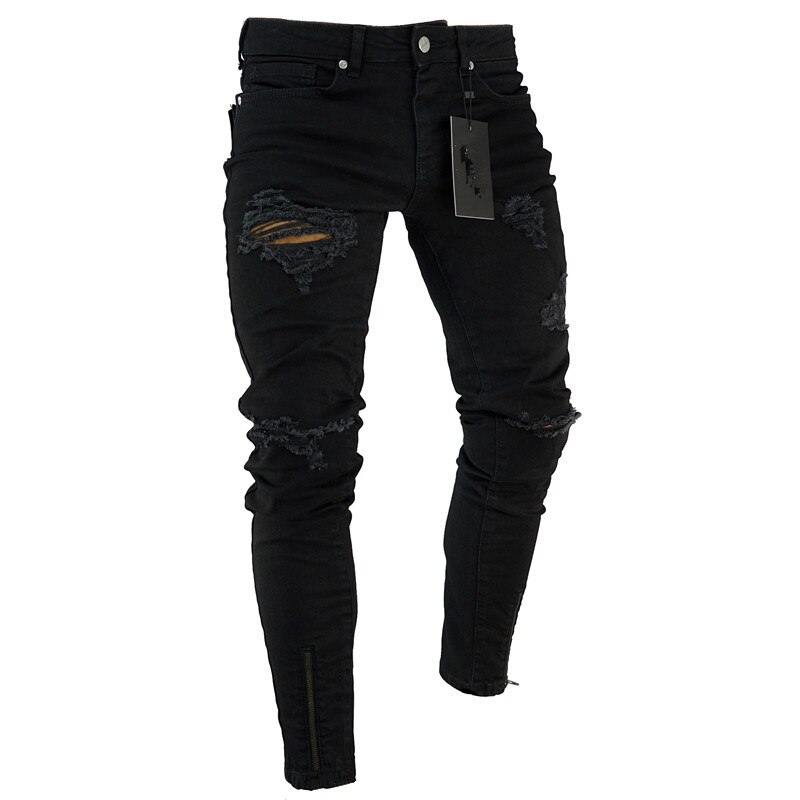 Black Stretch Skinny Fit Bottom zipper Jeans Men Knee Ripped Distressed Hole biker jeans Pants Hip Hop Street Big Size XXXL: XXXL