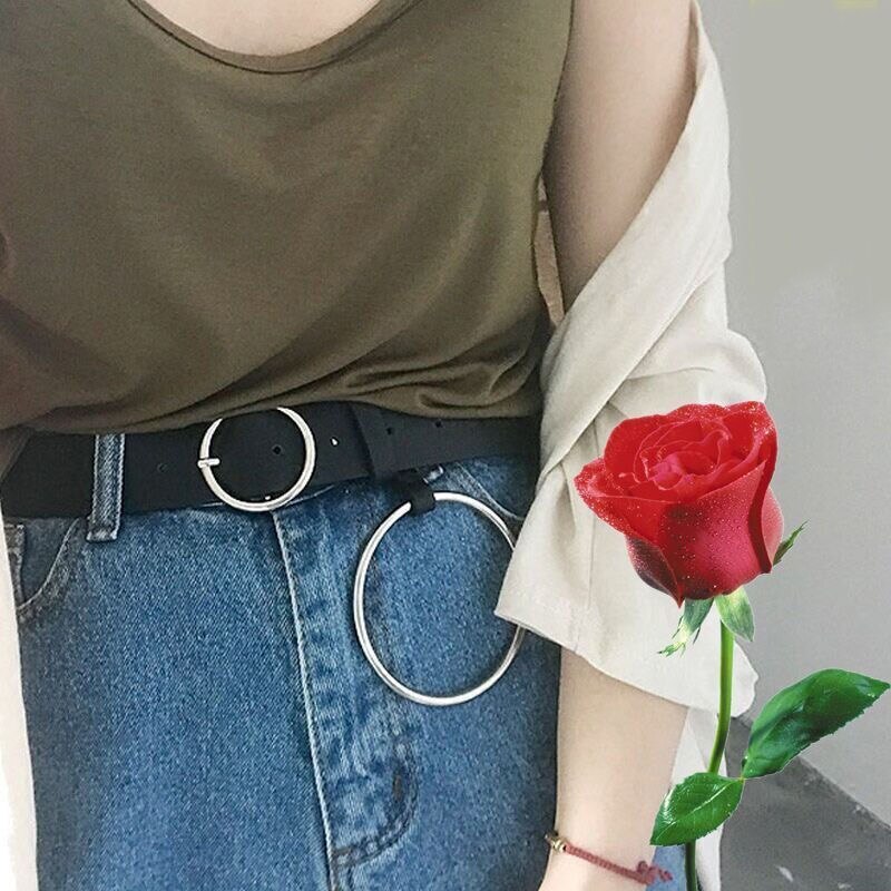 Mujer doble hebilla de plata Jeans cinturones de para la mujer los estudiantes pretina Simple círculo cinturón con hebilla para Jeans vestido