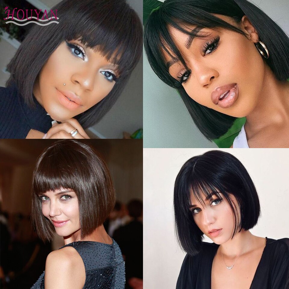 HOUYAN 12 inch straight short natural black wig with bangs women bob medium length heat resistant wig