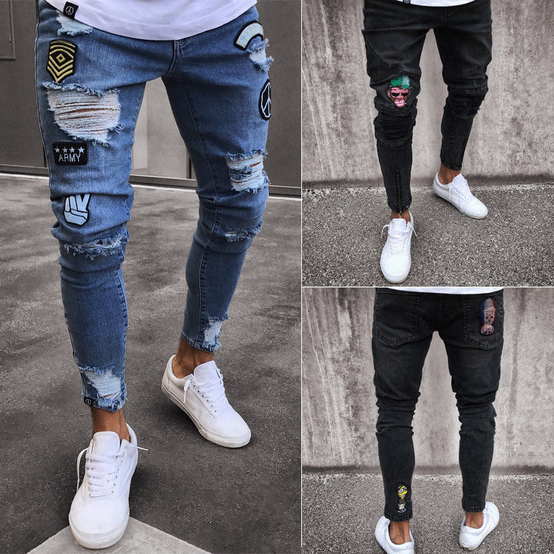 Skinny jeans herre rip slim fit stretch denim distress flosset biker ridset udhulet lange jeans drengezone