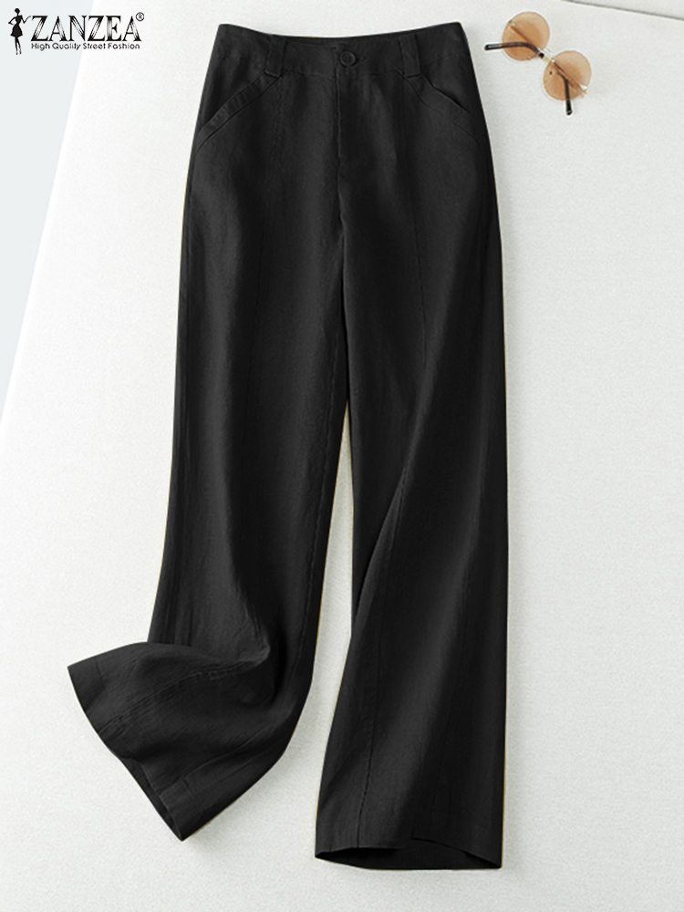 ZANZEA 2025 Primavera Verano mujer pantalones algodón Lino pantalones largos pierna ancha liso vacaciones pantalones casuales ropa de calle pantalones: XL / Negro