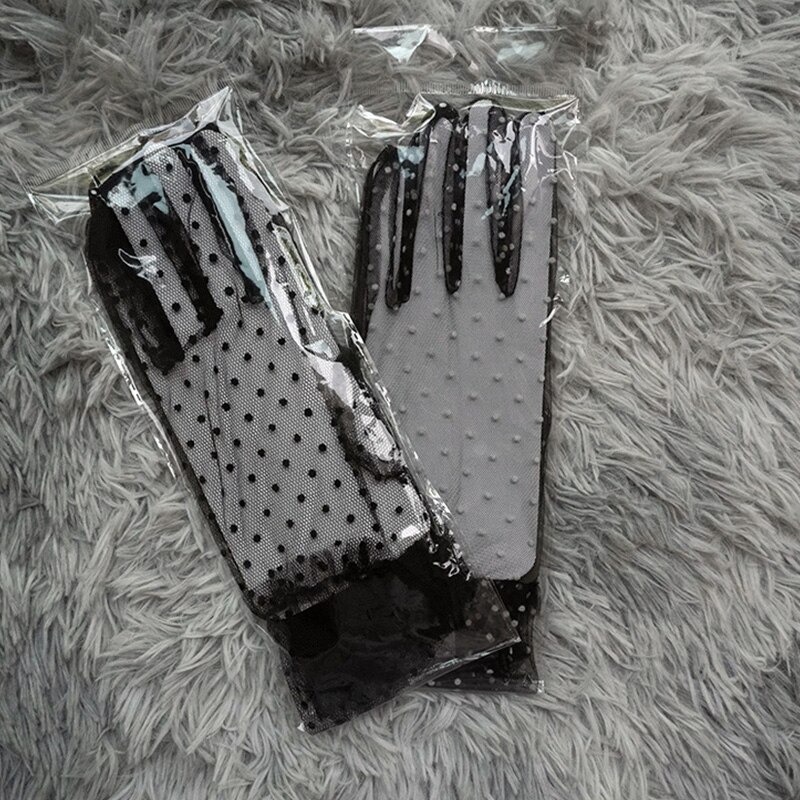 Gants en Tulle pour femmes, 1 paire, transparents, courts, imprimés à pois, noirs, blancs, en maille, pour soirée en Club, robe de danse,