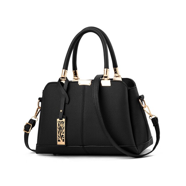 Yogodlns PU Leather Women bag Shoulder Bag Tree Branches Metal Decor Solid color feminina Handbag crossbody bag: black