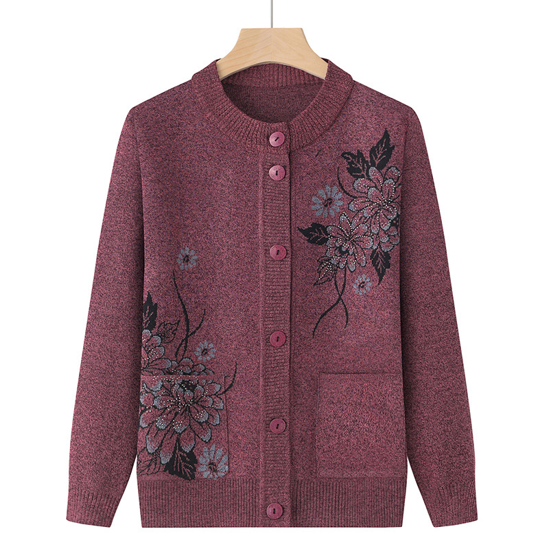Korean Women's Clothes Knit Woolen Printed Cardigan Coat Middle Aged Mother Knitwear Tops Vintage Grandma Sweater Jacket