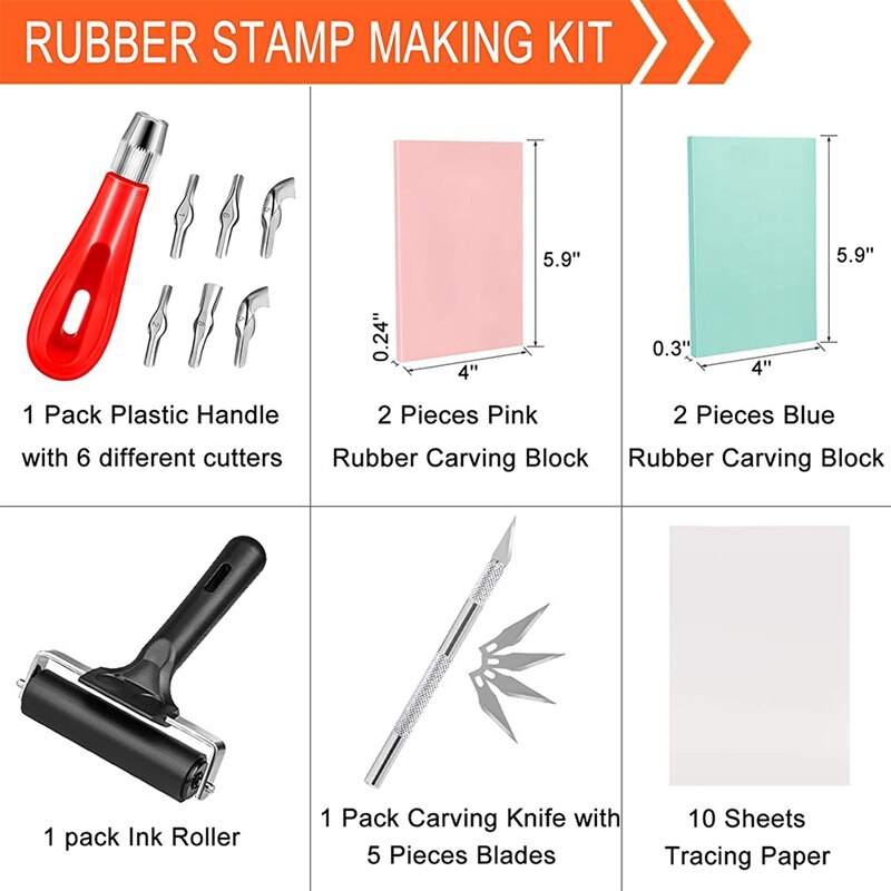 Rubber Stamp Making Kit Stamp Carving Starter Tool Set,Linoleum Cutter with Rubber Carving Block, for Craft Carving