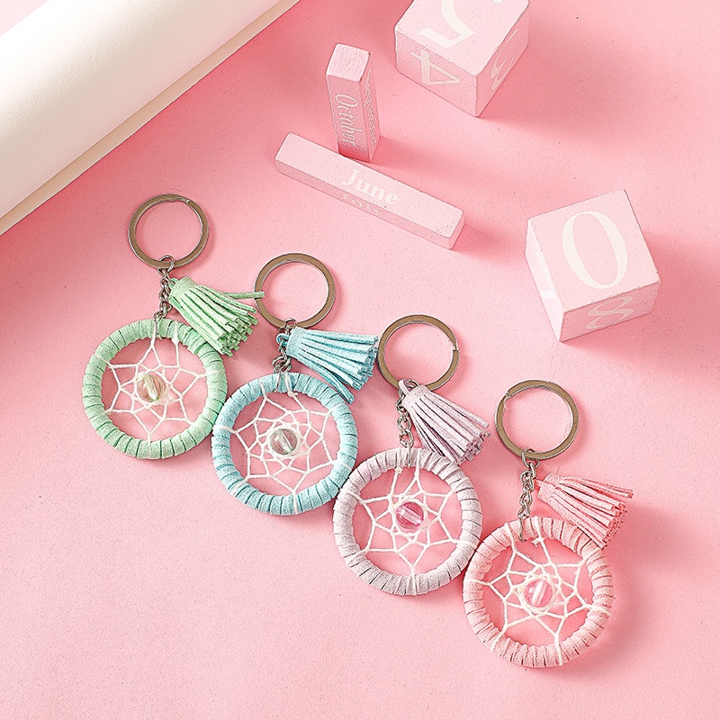 Porte-clés attrape-rêve avec pompon , petit porte-clés en métal frais pour fille coréenne, porte-clés de sac pendentif pour fille