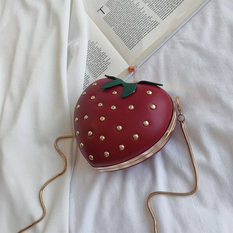 Sac à bandoulière fraise pour femmes, pochette rouge Rivet chaîne, sac à bandoulière de bonne , sac de dîner pour dames #20