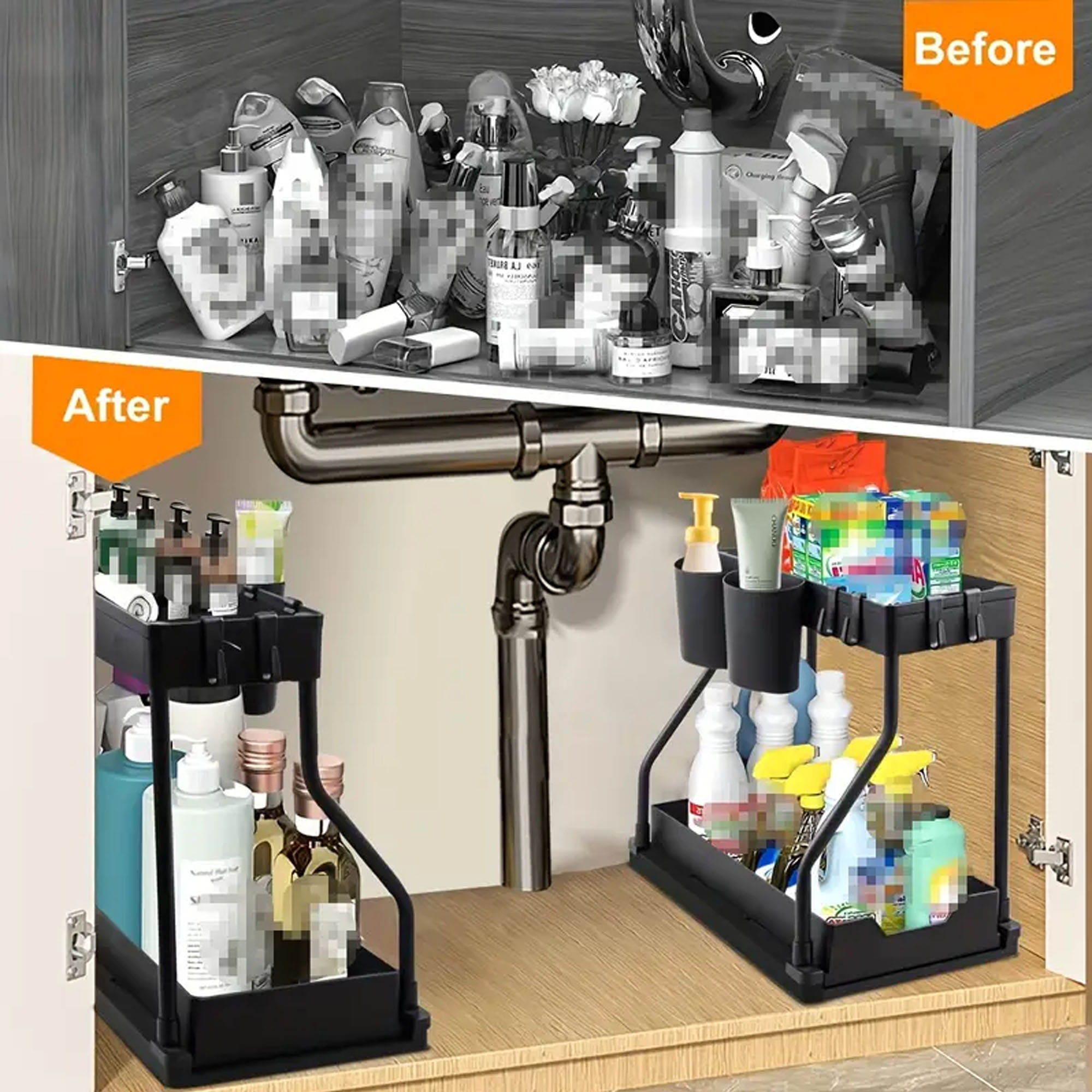 1-delig dubbellaags uittrekbaar opbergrek voor keuken, bureau en badkamer onder gootsteen, multifunctioneel R-vormig push-pull kastopbergrek, multifunctioneel desktop badkameropbergrek, lade-organisatie en opbergrek