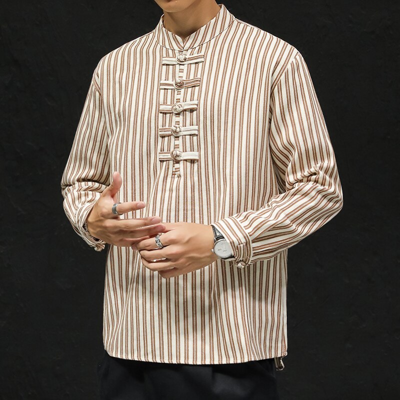 Chinese stijl overhemd met lange mouwen, gestreept overhemd, herenkleding, losse harajuku tops, retro hanfu kleding voor mannen