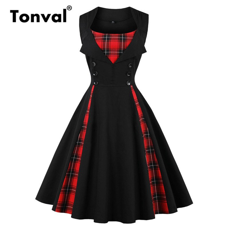 Tonval plaid vintage rød tunika sommerkjole kvinder knap pinup piger 1950s kjole bomuld plus størrelse retro kjoler