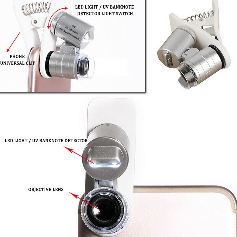 60x zoom clip-on förstoringsglas för telefonförstoringsglas med 2 led-lampor och uv-ljus
