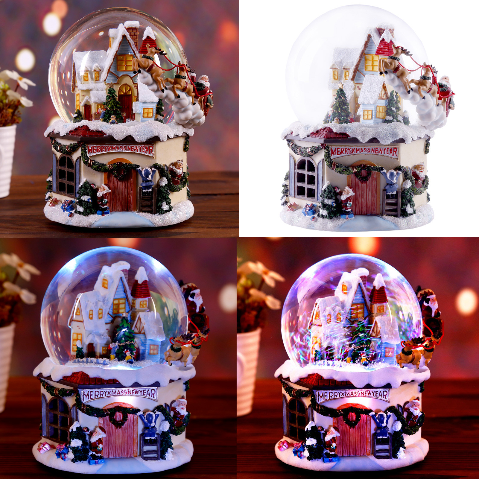 Bola de cristal de Navidad multifuncional 4 en 1, bola de nieve, caja de música de resina luminosa, de cumpleaños, , decoración de boda