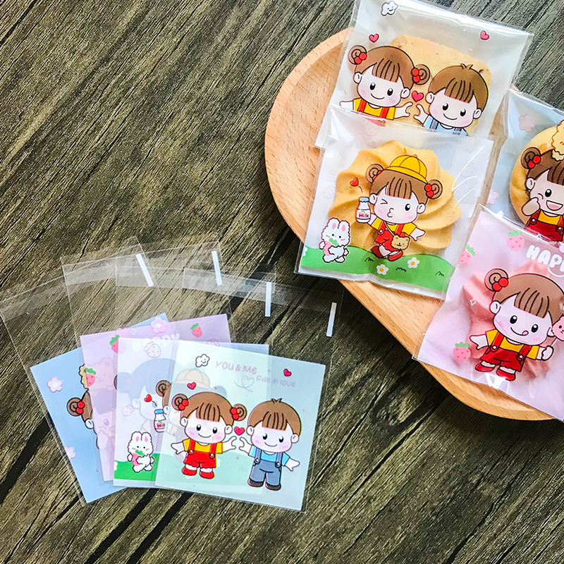 100 Stuks Jongen Meisje Zelfklevende Zakken Bakken Verpakking Ziplock Zak Cookie Snack Snoep Zak 7*7 + 3Cm
