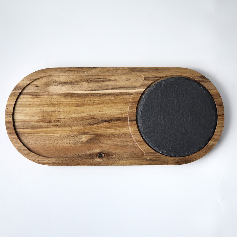 Muzity naturlig skiferplade rektangel bøf middagsplade med træbakke køkkenret: Runde med bakke