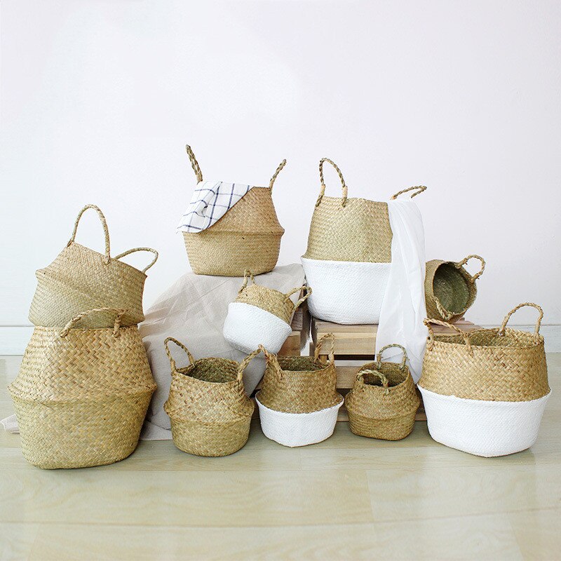 Handmade Bamboo Storage Baskets Foldable Laundry Straw Patchwork Wicker Rattan Seagrass Belly Garden Flower Pot Planter Basket