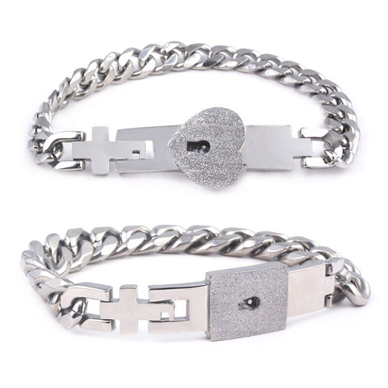 Conjunto de pulseras de acero inoxidable con candado de corazón para parejas, joyería para parejas,: J