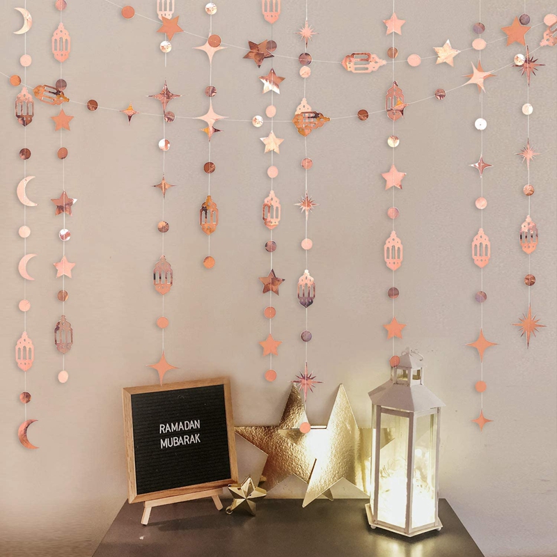 Banderole Eid Mubarak de 4m en papier doré et argenté, guirxiété étoile lune, décoration pour Ramadan Kareem, fournitures de fête musulmane islamique pour la maison