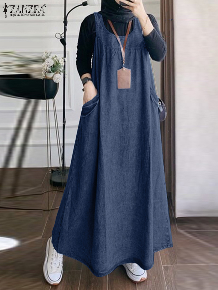 Sommer Elegante Overalls Kleid ZANZEA Muslimischen Maxi Sommerkleid Robe Femme Vintage Straps Solide A-line Denim Blau Vestidos Kaftan 2024