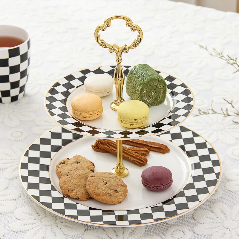 2 tier Cake Plate Stand Black and White Check Porcelain Snack Plate Fruit Holder Classic Ceramic Kitchen Dish For Party Wedding