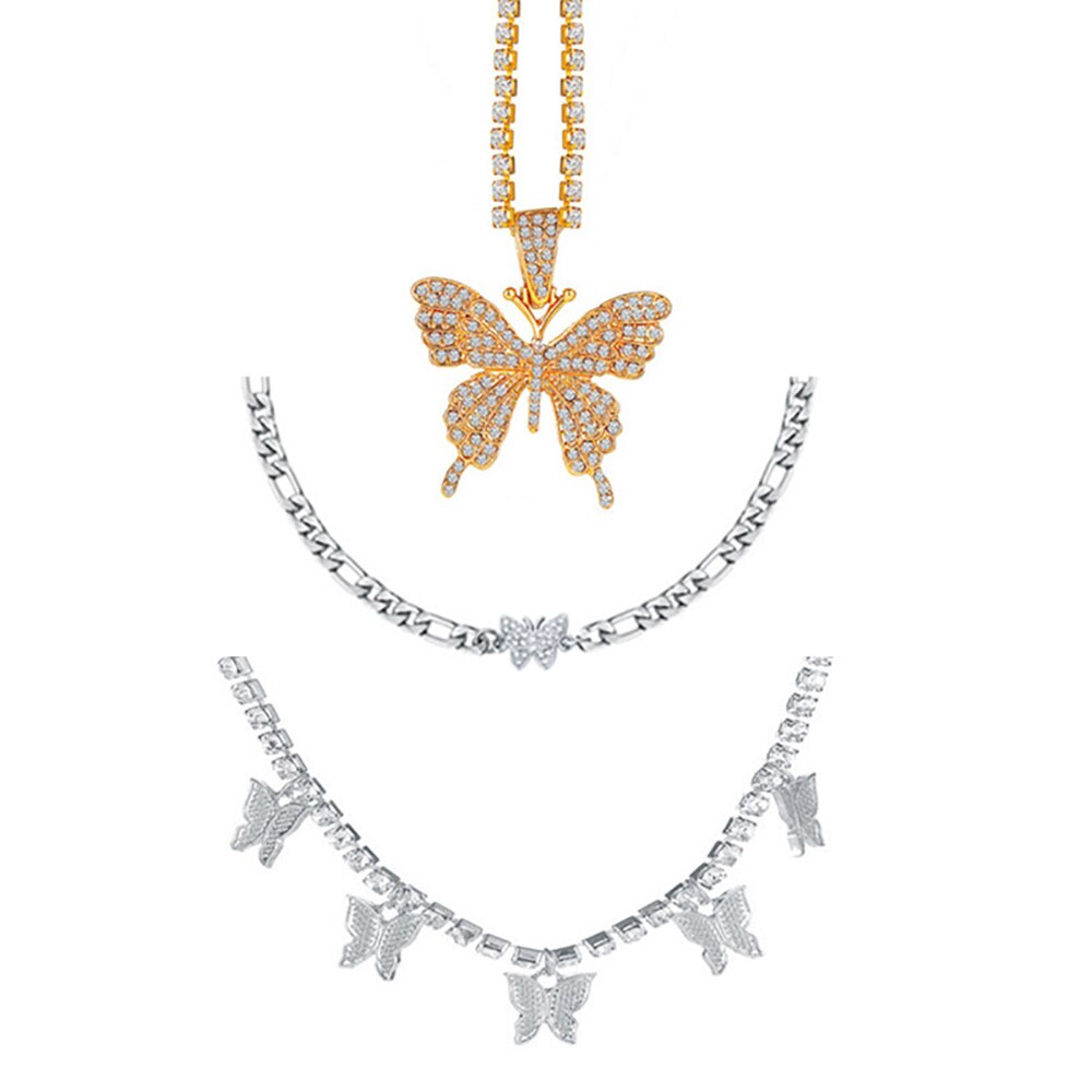 Shining CZ Cute Butterfly Pendant Charm Clavicle Choker Butterfly Necklace for Jewelry Women Girl