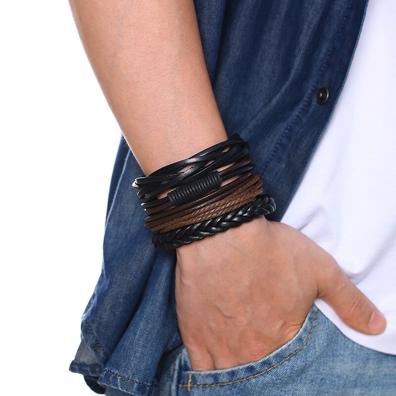 ZORCVENS 4 pieces/ Set Leather Bracelets for Men Braided Rope Wristband Vintage Style Male Bangle