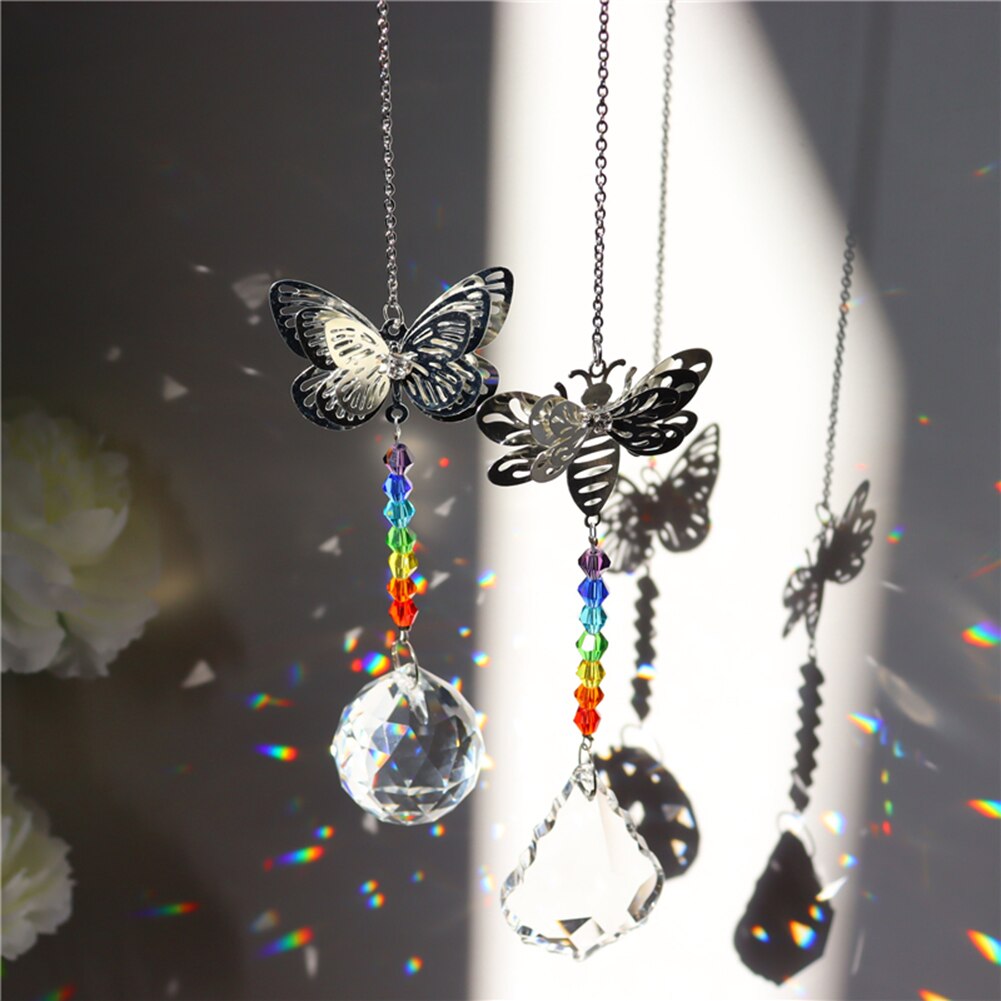 Crystal Prism Pendant Butterfly Wind Chime Summer Rainbow Maker Car Hanging Pendant Garden Window Curtain Decoration Sun Catcher