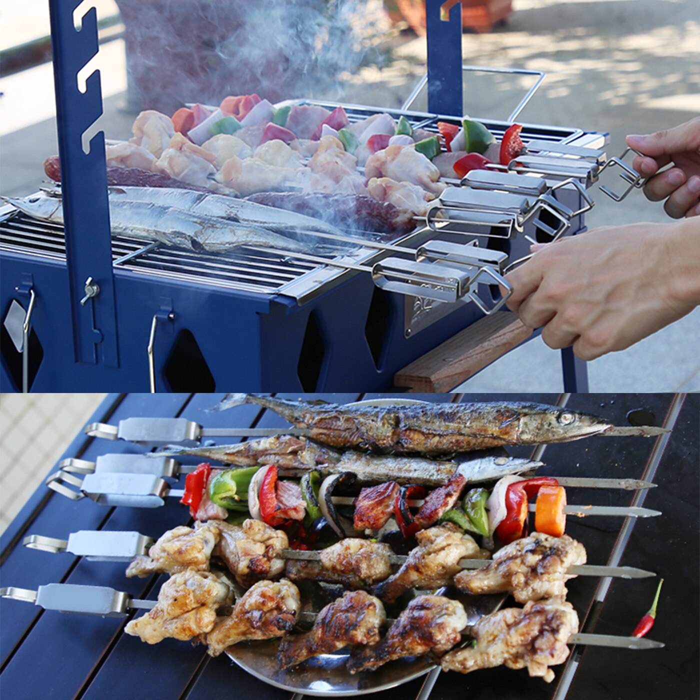 Brochetas reutilizables de acero inoxidable para barbacoa, pinchos para barbacoa, Kebab, palo de acero para acampar, utensilios de cocina, accesorios para carne, herramienta de 6 piezas