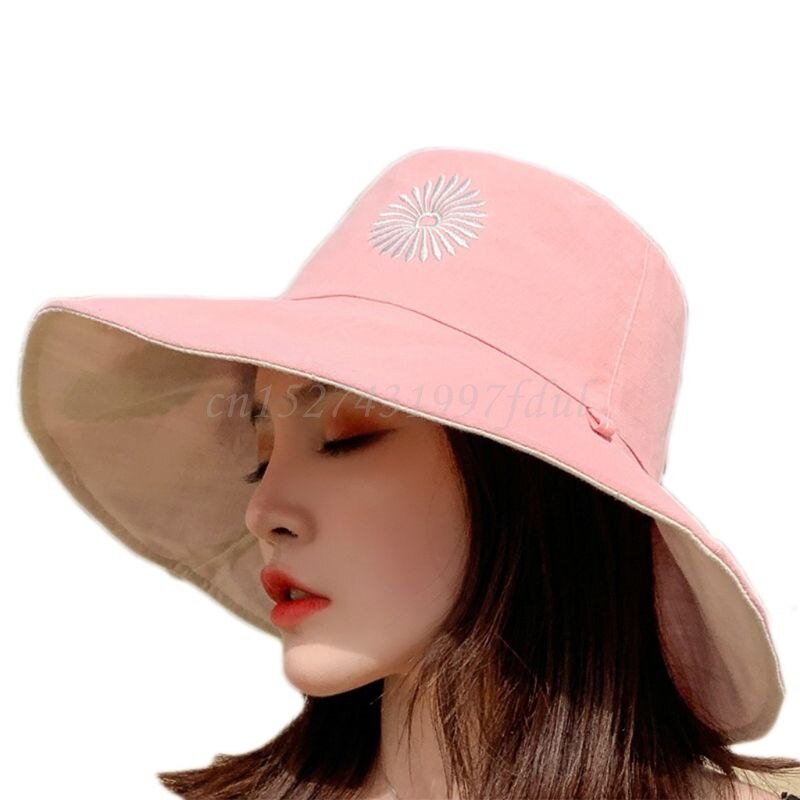Women Summer Leisure Floppy Beach Sun Hat Reversible Sweet Daisy Sunflower Embroidery Wide Brim UV Protection Bucket Hat: PKH