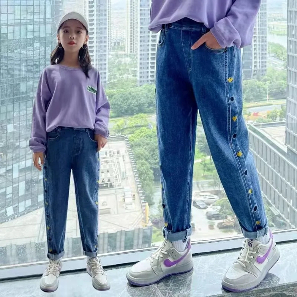 Jean bleu en Denim pour filles de 5 à 15 ans, taille élastique, ample, complet, vêtements pour enfants, 12: Bleu / 5T(120)