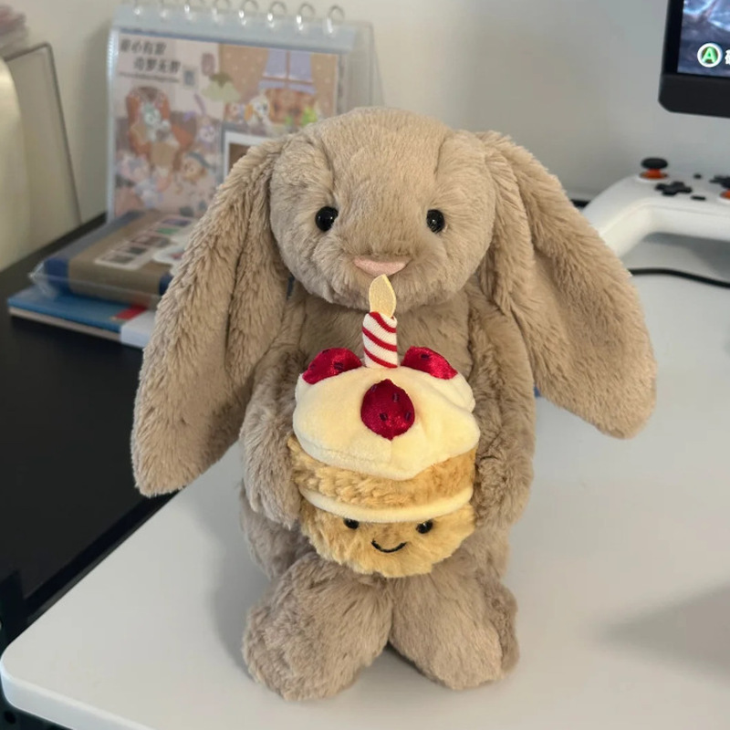 Original 30cm sjenert bonnie-kanin som holder en bursdagskake og plysjdukke som følger med katter, hunder og kjæledyr.: Default Title